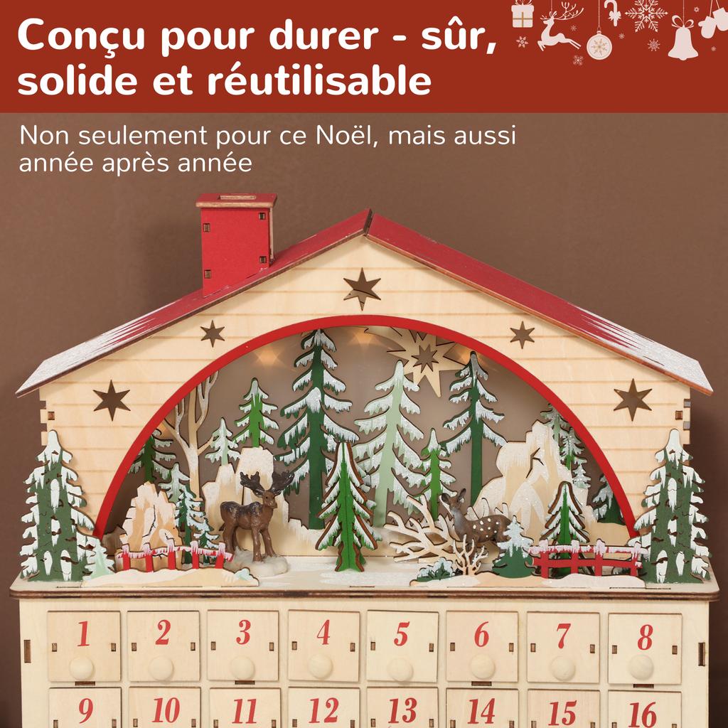 Light-up Advent calendar, fillable Advent calendar, 24 drawers, village scene, 36x10x34cm, natural wood