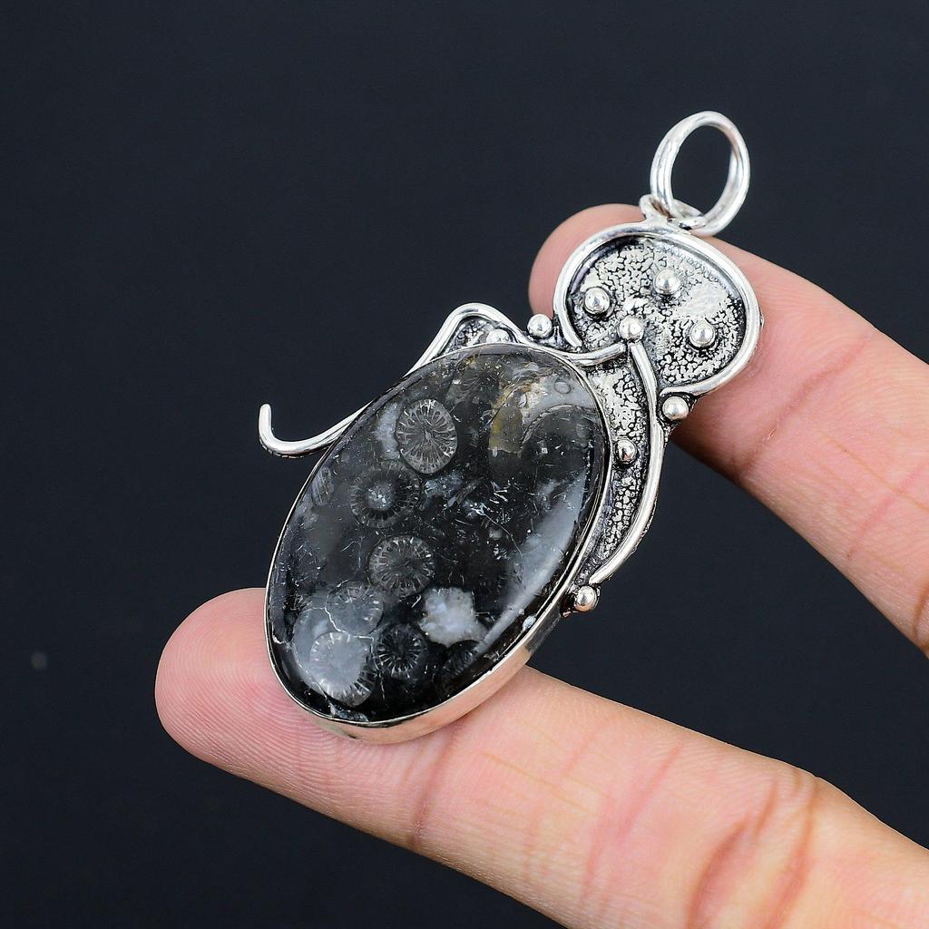 Daughters Day Sale 925 Sterling Silver Black Fossil Coral Stone Mother Pendant