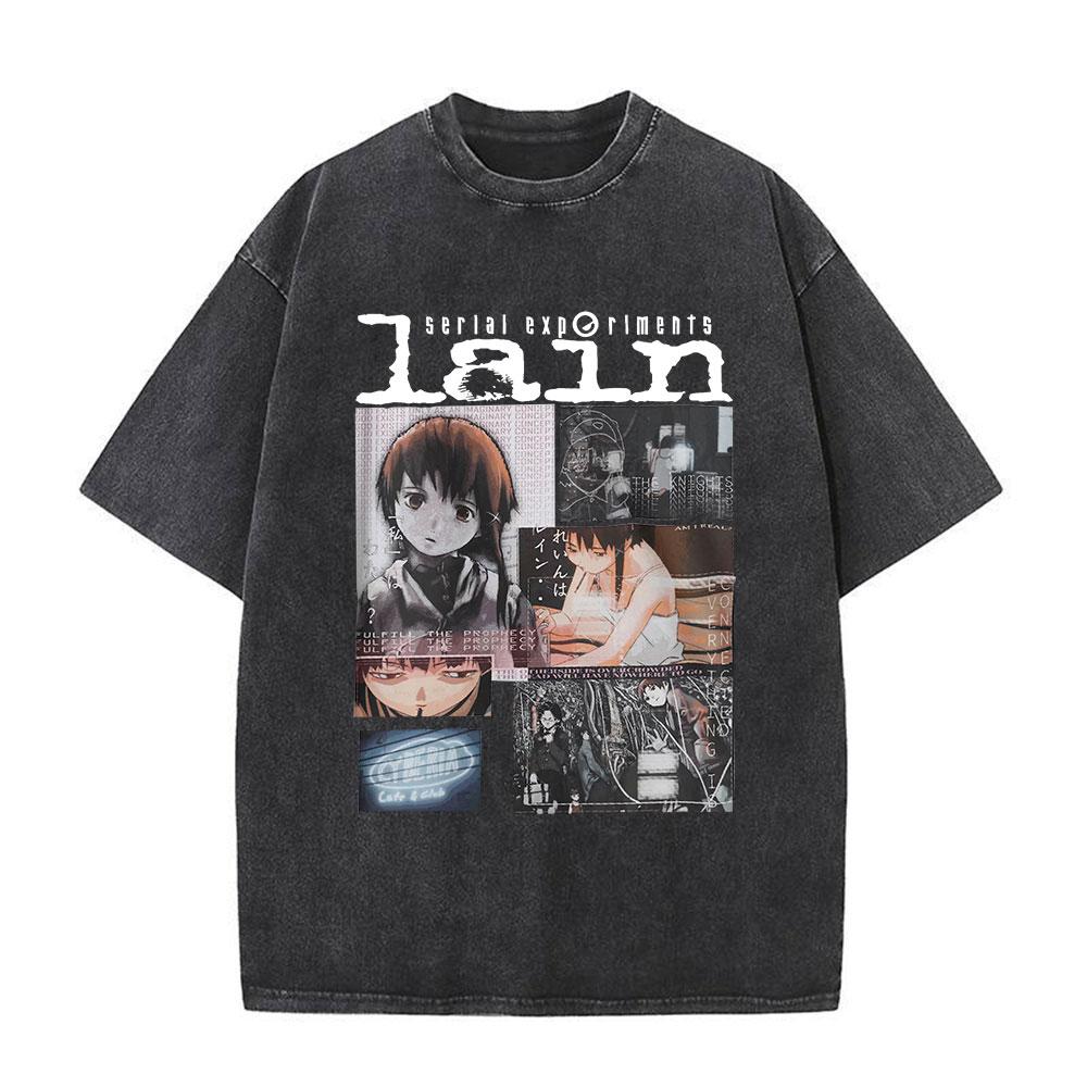 Serial Experiments Lain Anime Vintage Washed T-Shirt Manga Iwakura Girl Sci Fi Short Sleeve T-shirts 100% Cotton Casual T Shirt