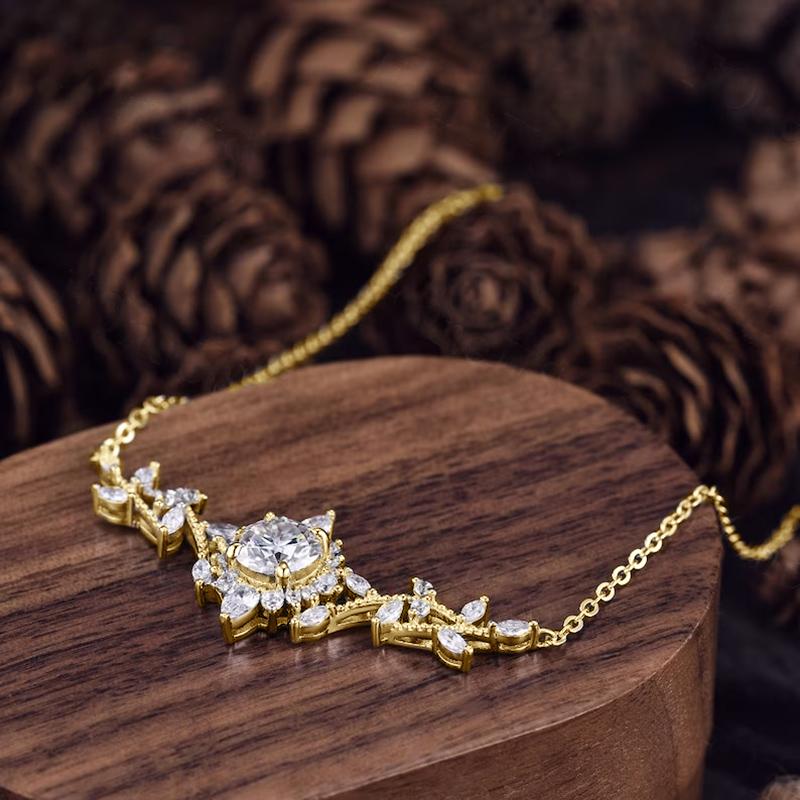 Fine Jewelry Moissanite Necklace Elegant Vine Plant V-Neck Collarbone Chain Sun Flower Floral-Style Pendant Necklace for Women