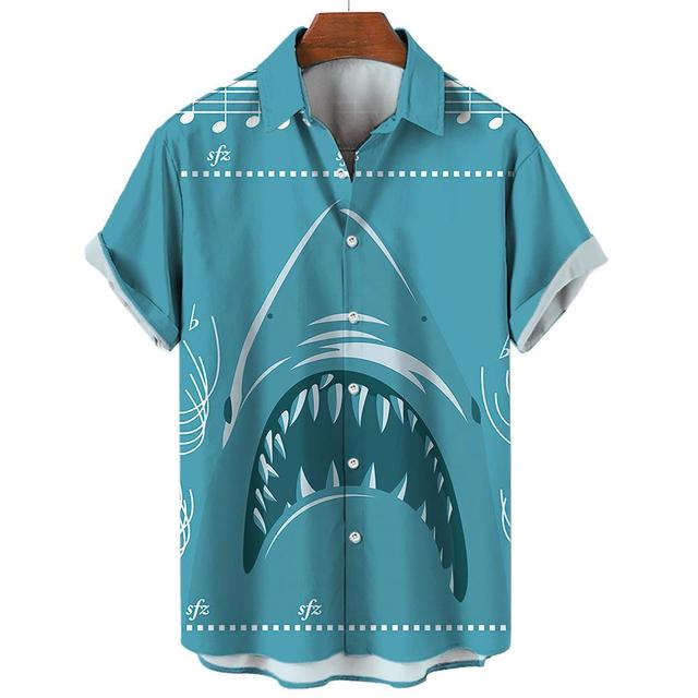 Новые мужские рубашки с 3D принтом животных, модная уличная рубашка на пуговицах с короткими рукавами и лацканами для мужчин, блузка с гавайской акулой, футболка