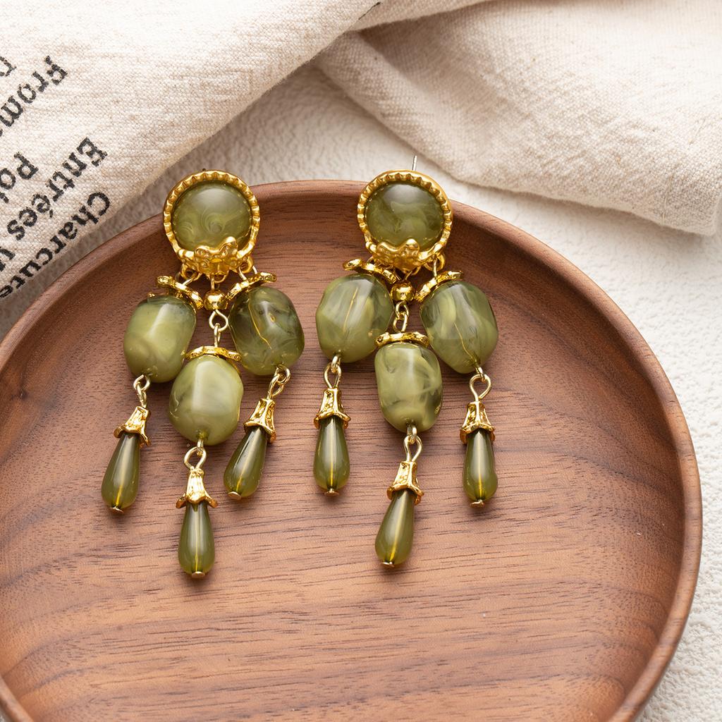 Серебряная игла средневековые винтажные зеленые серьги с бахромой придворный стиль высококачественные серьги-гвоздики модные уникальные преувеличенные серьги