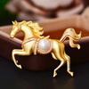 Golden Horse Brooch Faux Pearl Horse Lapel Pin Chinese Zodiac Animal Brooch Pin with Rhinestones for Sweaters Hats Bags Coats