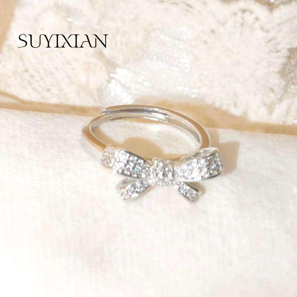 925 Sterling Silver Light Luxury Fashion Bow Zircon Ring, Birthday Party Anniversary Wedding Gift, Ladies Jewelry
