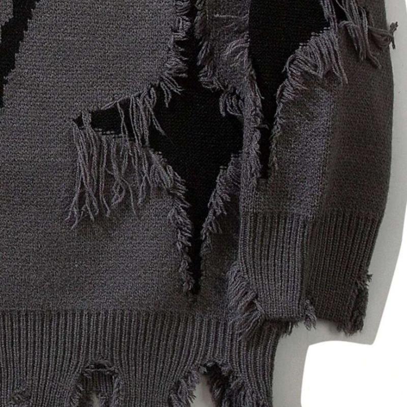 Хип-хоп темный уличный европейский и американский скелетный жаккардовый рваный свитер осень и зима мужской и женский свободный свитер вязаный свитер