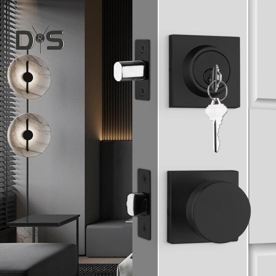 Black Door Knob with Deadbolt Adjustable Design Simple Installation Heavy Duty Modern Front Door Handle Deadbolt Set