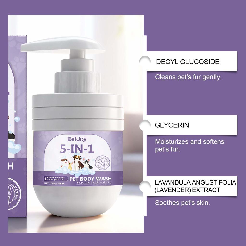 EelJoy 5-в-1 Шампунь для домашних животных, Мягкое очищение и уход за шерстью, Гладкая и блестящая шерсть, Аромат лаванды, Шампунь для кошек и собак, 100 г