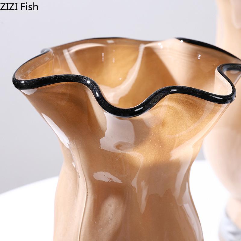 Creative Pleated Glass Vase Black Edge Plant Pots Table Decoration Hydroponics Floral Vases Modern Home Flower Arrangement
