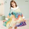 Girls White Fur Collar Long Sleeve Bow Black Gold Printed A Line Flared Dress