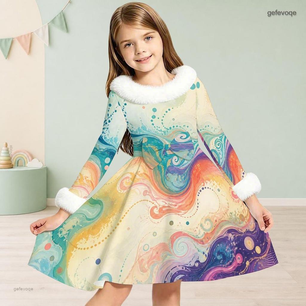 Girls White Fur Collar Long Sleeve Bow Black Gold Printed A Line Flared Dress