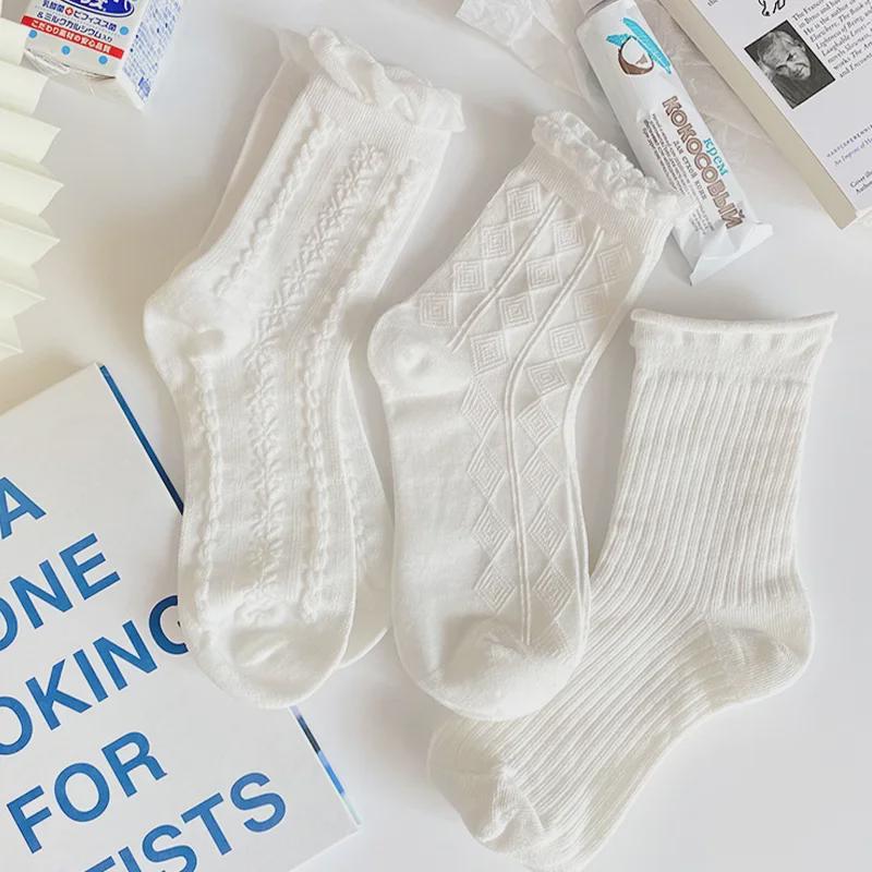 JK Spring/Summer Curled Women's Mid-Tube Cotton Socks – Trendy, Thin, Soft, Cute Japanese Style, Pure White