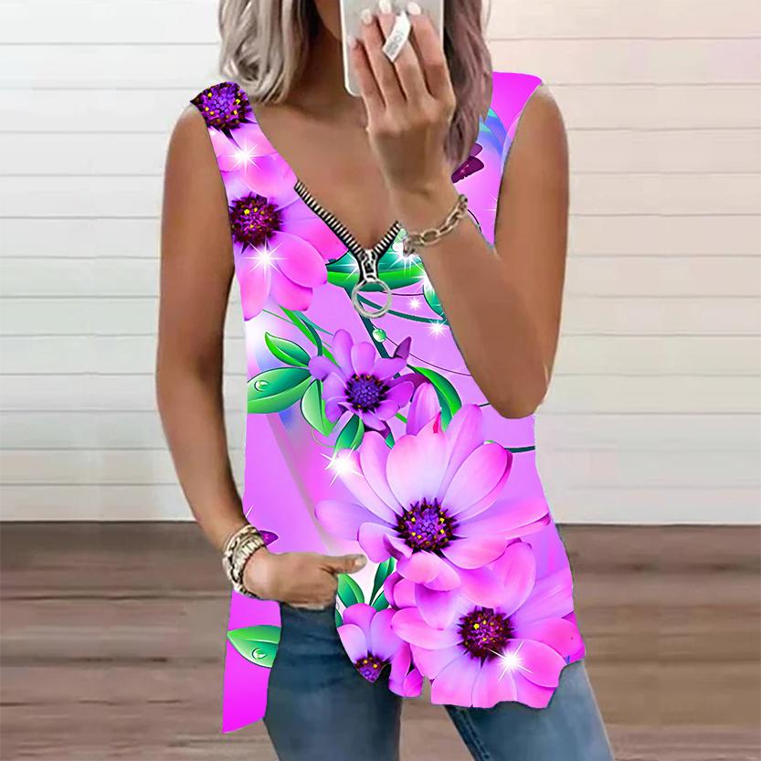 Женский топ, летняя новая мода, повседневный топ с принтом солнечных цветов, большие размеры, без рукавов, на молнии, с v-образным вырезом, майка