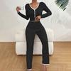 Womens Lace Trim Ribbed Knit Pajamas Set Long Sleeve Crop Top Wide Leg Pants Lounge Set 2 Piece Pjs Sleepwear