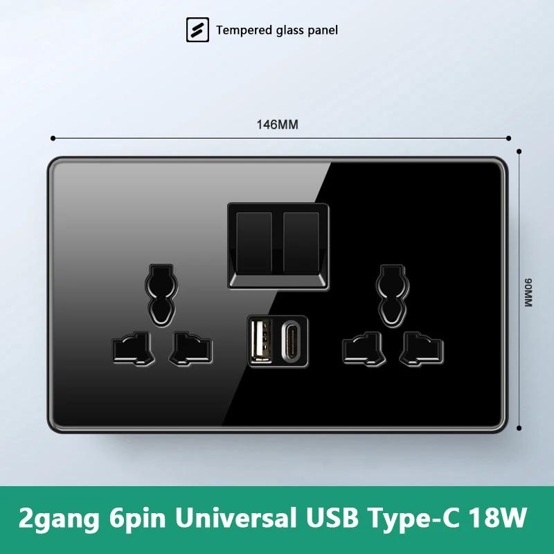 Роскошный настенный выключатель света из закаленного стекла, черная вилка UK 13A, универсальная настенная розетка с USB, 220 В, 1-канальный двухпозиционный переключатель скорости