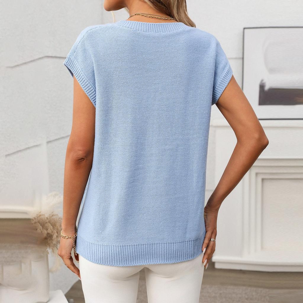 Women's Fashionable Solid Color V Neck Short Sleeved Pullover T-shirt Top