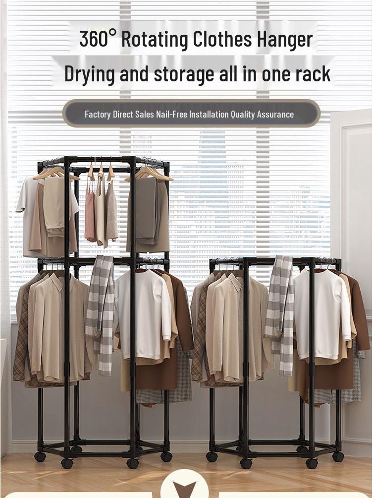 Hexagonal Rotating Indoor Clothes Drying Rack - Multi-Functional & Movable Floor-Standing Shelf