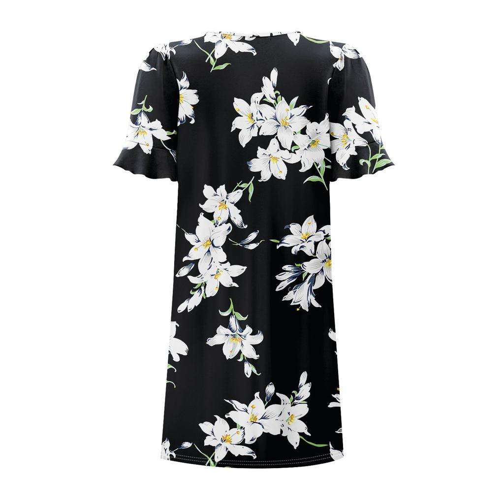 Летние платья для женщин с V-образным вырезом, оборками и коротким рукавом, повседневное свободное платье с принтом, пляжное платье с карманами