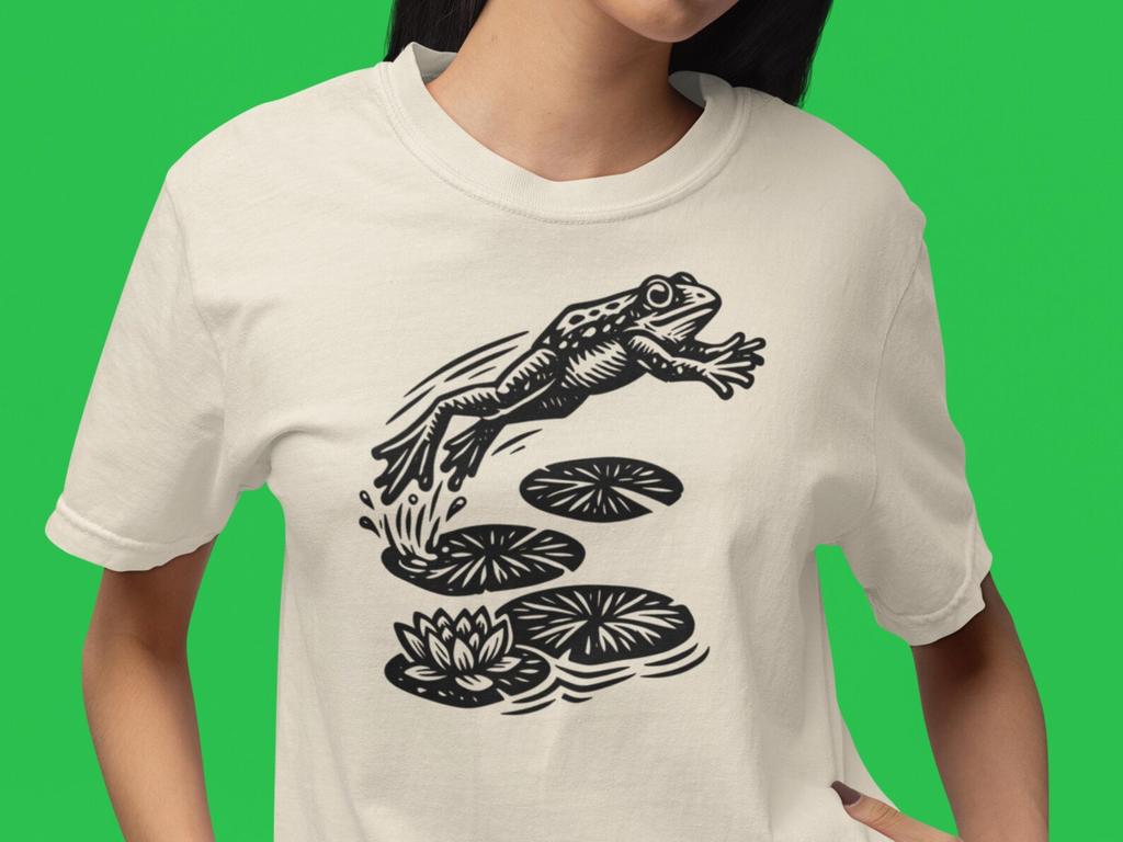Leaping Frog with Lily Pads T-Shirt | Pond Nature Illustration