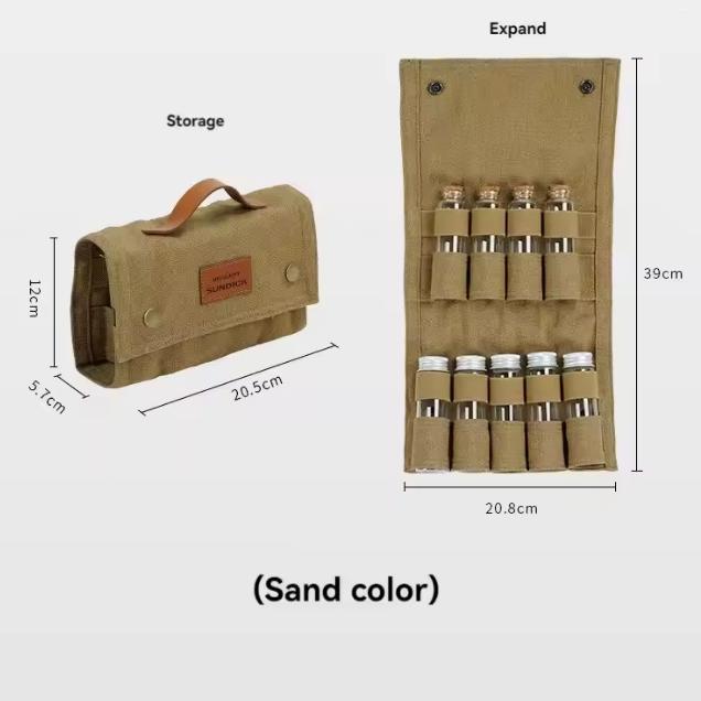 Сумка-органайзер для походных специй с стеклянными бутылочками и набором соусов для барбекю в холщовом чехле