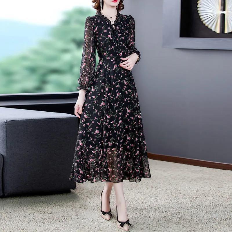Черное шифоновое платье с принтом, женское темпераментное платье с цветочным принтом, дизайн талии, платье большого размера в стиле Харадзюку, весна-лето