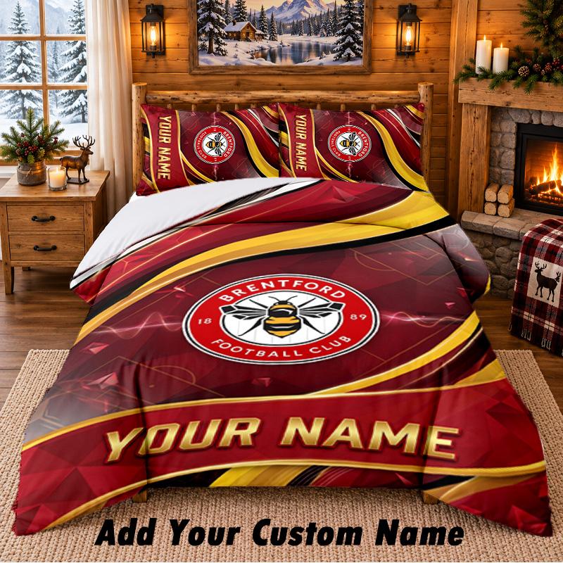 Brentford Football Pattern Bedding 3Pcs Set Custom Name, Bed Sheet And Pillowcases For Home Bedroom