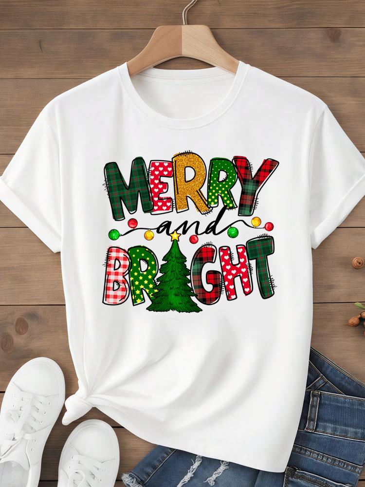 (Азиатский размер) Топ футболка фестиваль С Рождеством Новым годом Праздник Женская с надписью милый стиль Принт Леди Короткий рукав Мода Графические футболки