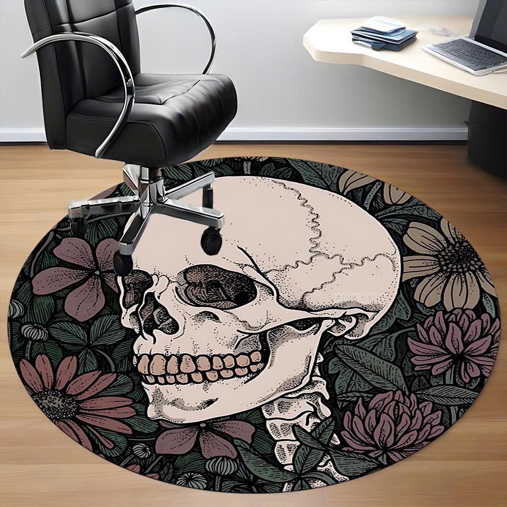 1PC Skull Flowers Office Round Area Rug, Indoor Mat Suitable For Office, Under Office Chairs Bedroom Living Room Home Decor, Room Decos003