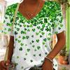 Футболка с принтом клевера, повседневный топ с короткими рукавами и V-образным вырезом на весну и лето, женская одежда