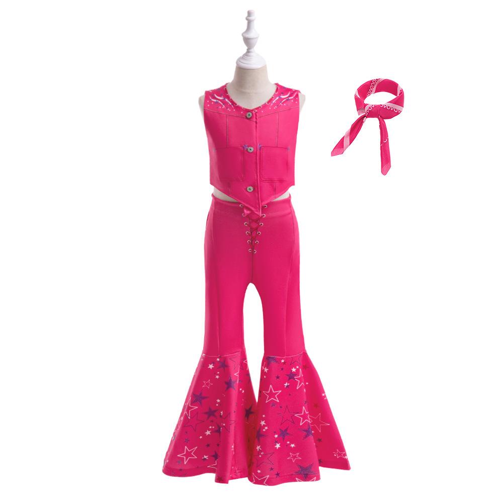 Girl's Cosplay Movie Barbie Three-piece Children's Sleeveless Vest with Silk Scarf Party Dress Printed Performance Costume