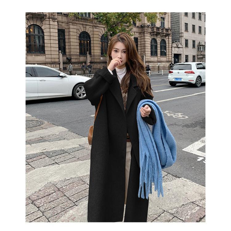 Шикарное и теплое розовое шерстяное пальто для женщин свободного кроя средней длины в корейском стиле