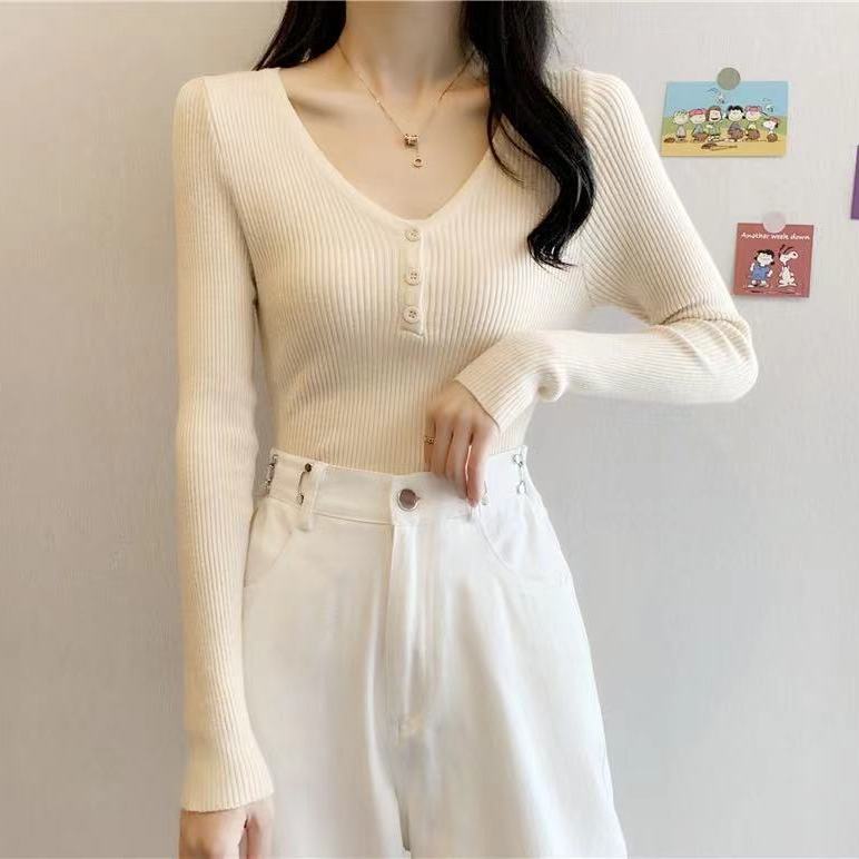 Kuz Qish V-boʻyinli Top Slim Fit Qisqa Bir xil rang Ichki Uzun qisma Asos Trikotaj Sviter Ayollar uchun