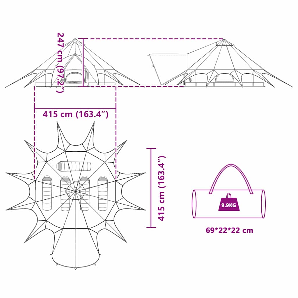Teepee Tent for 5 Persons Blue and Gray 415 x 415 x 247 cm