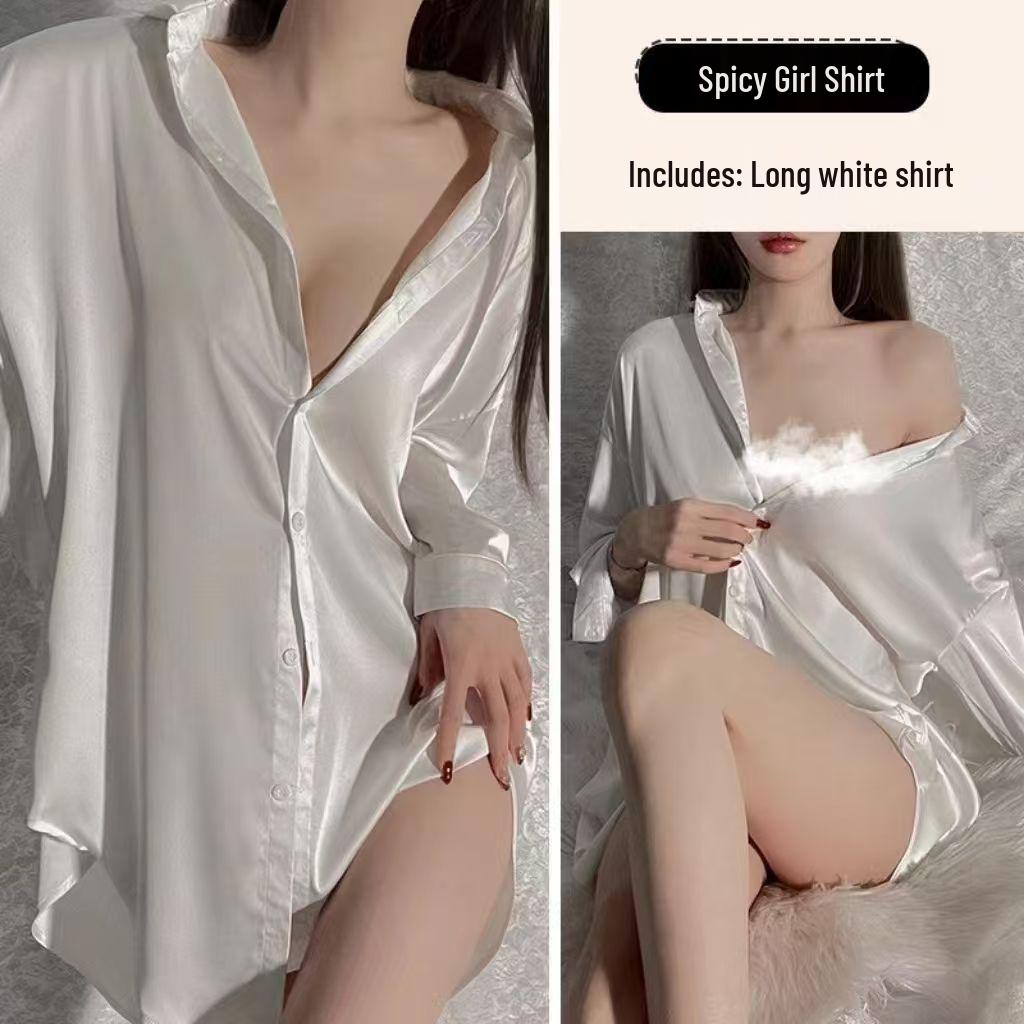 2025 Женская свободная ночная рубашка в стиле бойфренда, шелковисто-белая