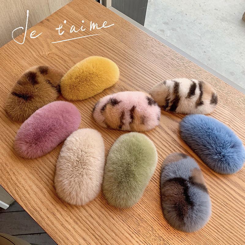 Плюшевая заколка для девочек из натурального кроличьего меха, женская заколка с челкой