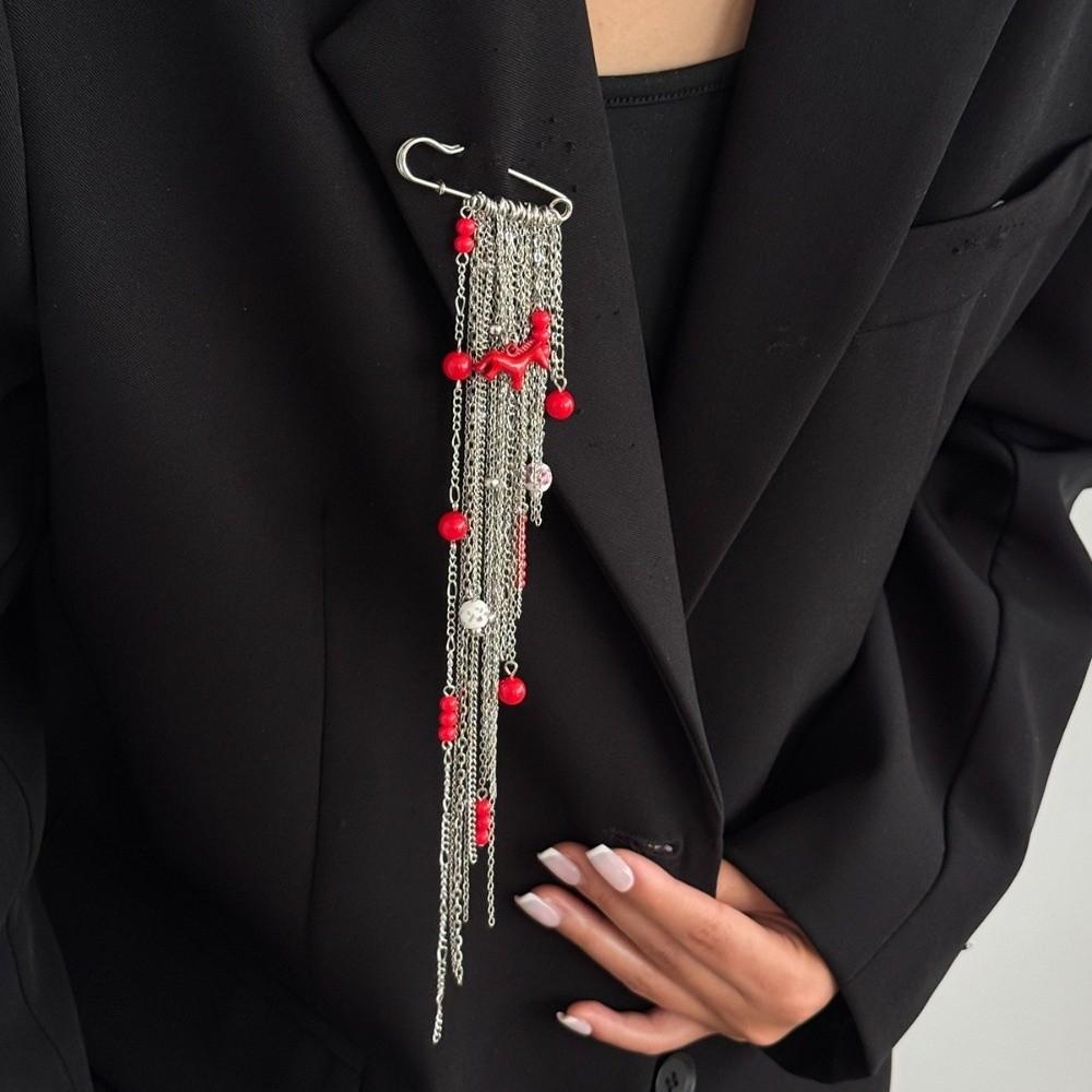 Love Heart Beaded Tassel Chain Brooch Multi-Layer Design Suit Pin Pendant Gifts Chain Pin
