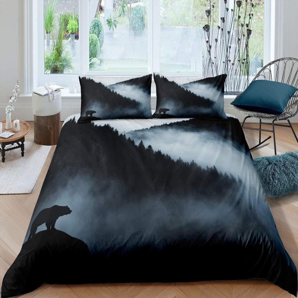 Smoky Mountain King Queen Duvet Cover Grey Fog Pine Trees Bedding Set Retro Natural Scenery Art 2/3pcs Polyester Quilt Cover