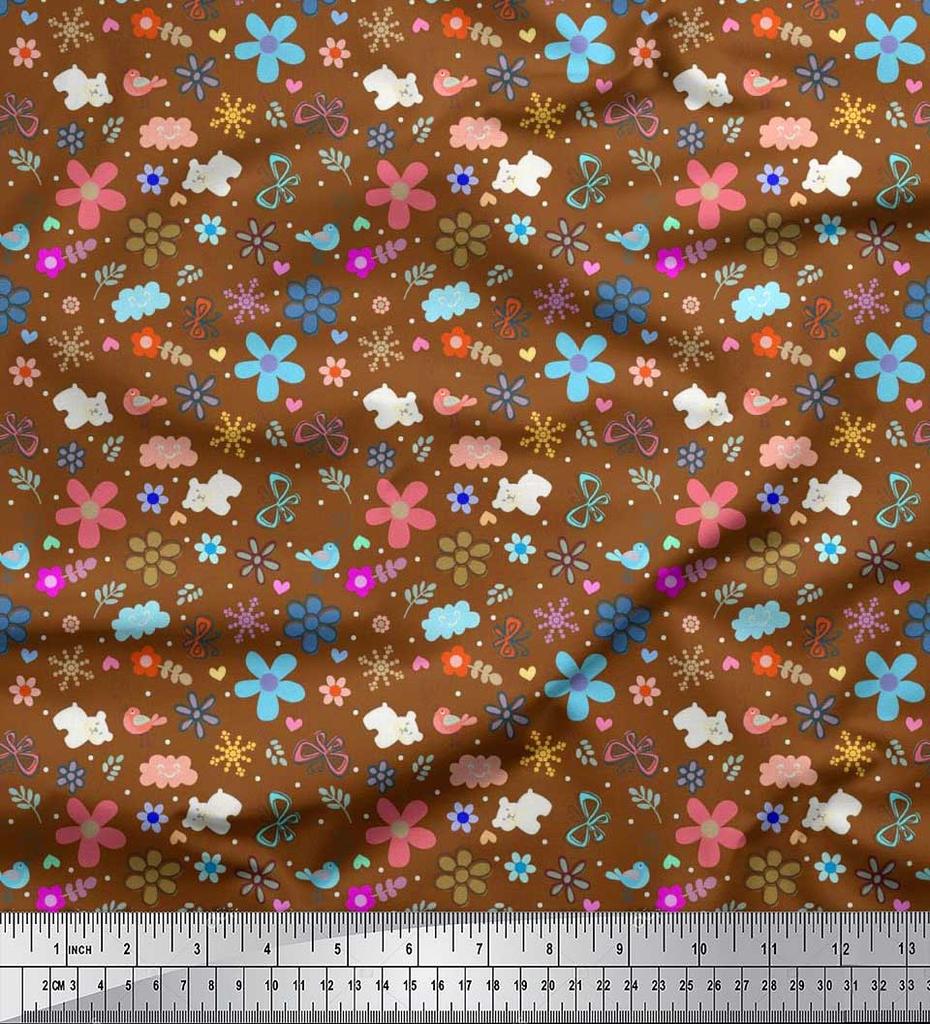 Soimoi Ткань из вискозы синего цвета с принтом «Медведь|Птица и цветы» в ярдах, 42 дюйма