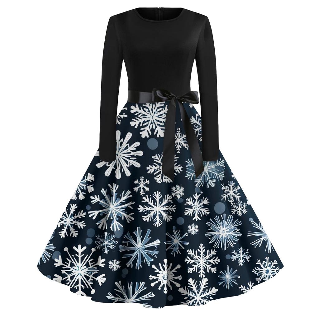 Women's Fashion Vintage Long Sleeve Round Neck Christmas Printed Evening Party Dresses Dresses