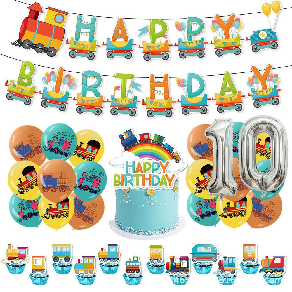 Cartoon Train Theme Birthday Party Decoration Number Balloons Cake Topper Transportation Vehicles Backdrop Banner Party Supplies
