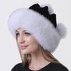 Women's Fluffy Rabbit Fox Fur Pompom Hat Russian Winter Trapper Cap, Warm Knitted Beanie for Snowy Weather