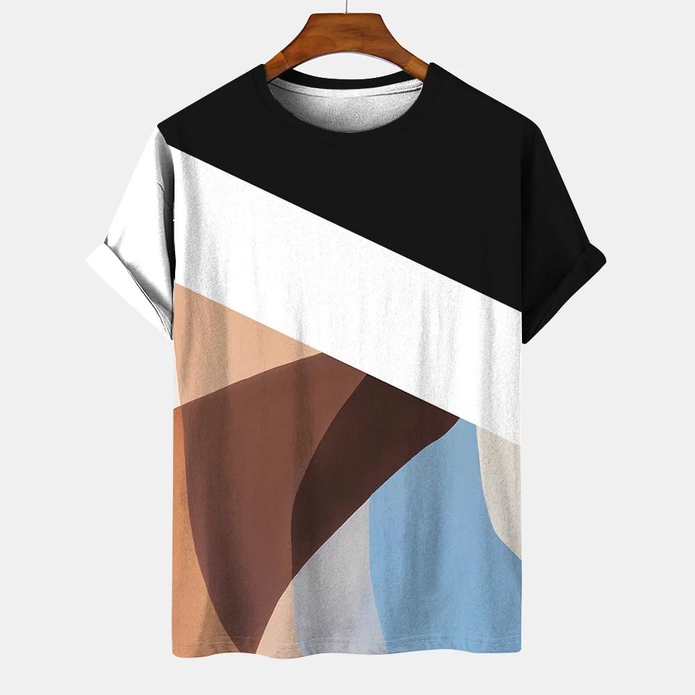 Геометрический полосатый узор, летний напечатанный высококачественный мужской топ, повседневный, простой, повседневный, модная рубашка свободного покроя с круглым вырезом и коротким рукавом