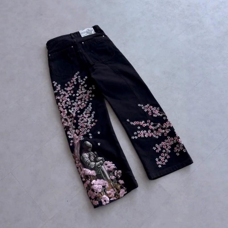High Quality Vintage Embroidered Wide Leg Jeans Men Women Streetwear