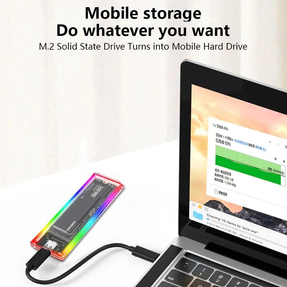 RGB M.2 NVME PCIe NGFF SATA Двухпротокольный корпус для SSD Прозрачный USB Type C 10 Гбит/с Внешний корпус для PCI-E M2 SSD Жесткий M/B ключ Коробка для диска
