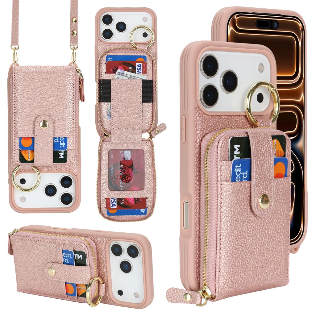 Чехол для iPhone 17 Pro Max с карманом на молнии / Кольцом-подставкой / Ремешком PU с текстурой личи + ТПУ Чехол для телефона