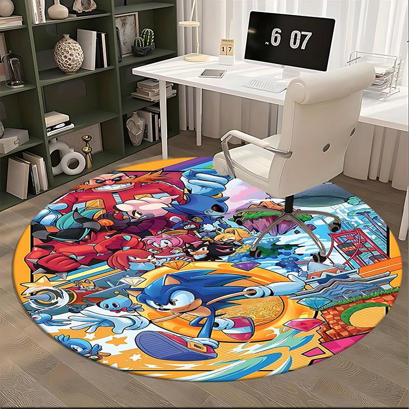 1pc Sonic the Hedgehog Anime Cartoon Design Round Carpet Office Chair Mat, NonSlip Rug for Home Decor, Living Room, Bedroom
