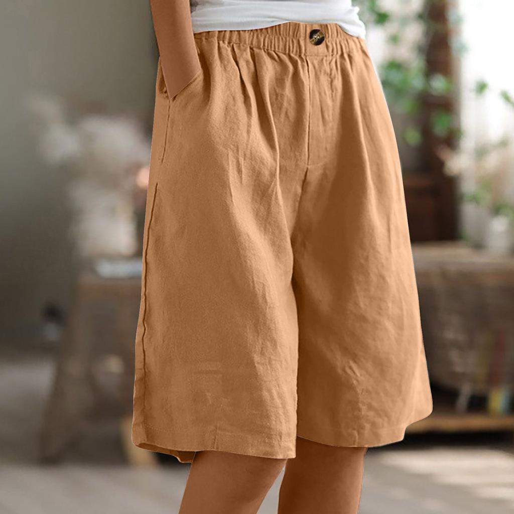 Women's Fashion Solid Color Pants Pocket Button Up Capris Loose Elastic Waist Cotton Linen Shorts