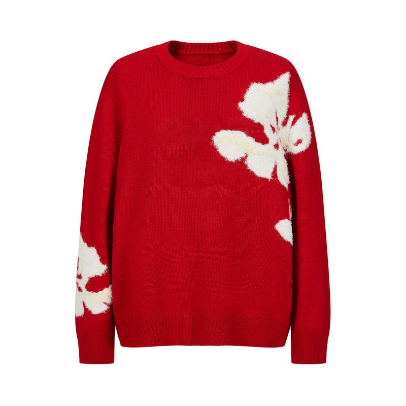 Jiuzi Anna Kou Casual Lazy Style Jacquard Round Neck Falling Shoulder Loose Knitted Shirt for Women