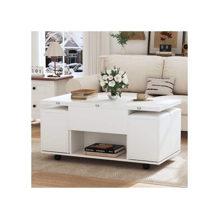Table basse relevable multifonctionnelle - MUVOE - Bureau 2 tables - Blanc - Grande capacité - Design moderne
