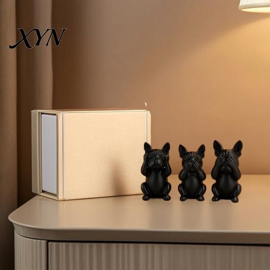 Настольное украшение Французский бульдог, Набор из 3 статуэток, 3D-печать, Матово-черная скульптура, Минималистичная фигурка бульдога, Цельнолитые фигурки для дома