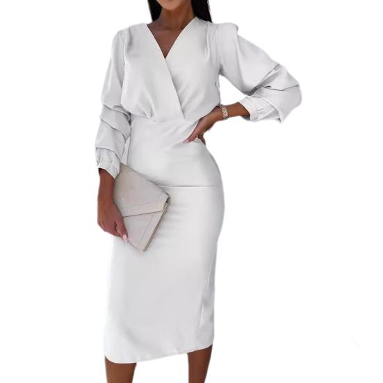 Осенне-весеннее женское платье с V-образным вырезом и рукавами-фонариками, формальное, в деловом стиле, облегающее, однотонное, с высокой талией, офисное платье миди для поездок на работу